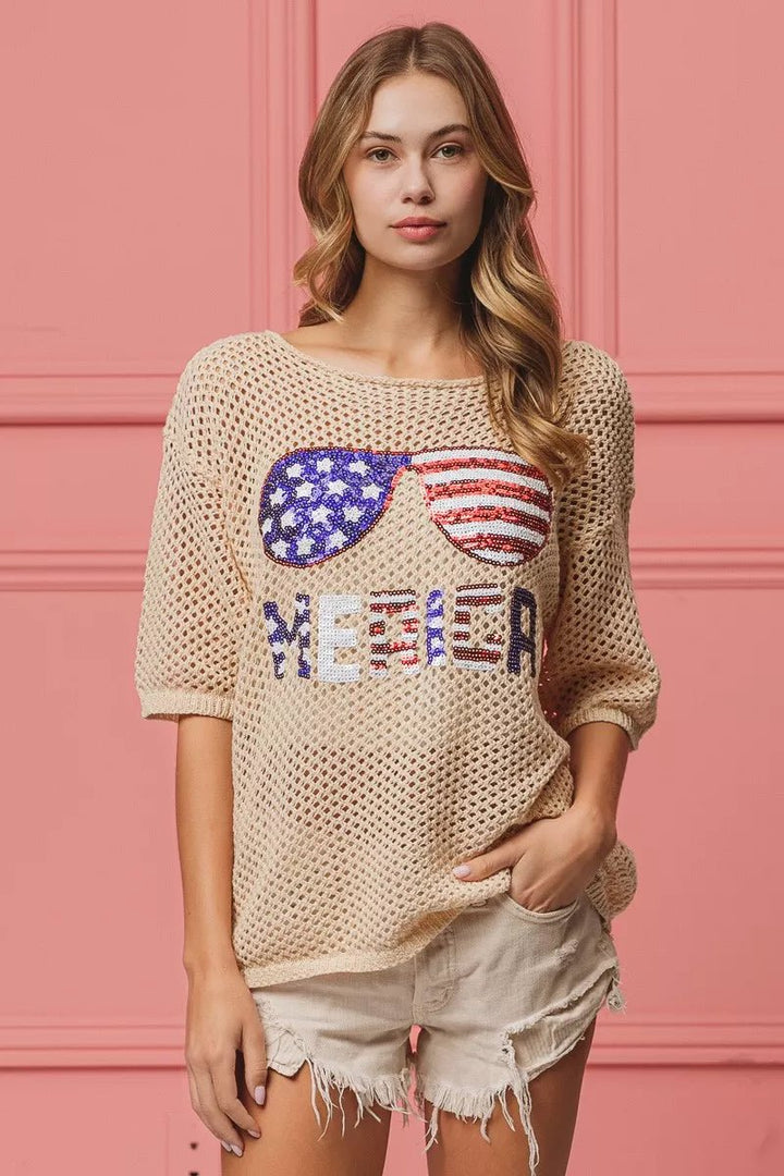 BiBi Sequin American Flag Sunglasses Knit Cover Up | Nikki &amp; Co. Boutique