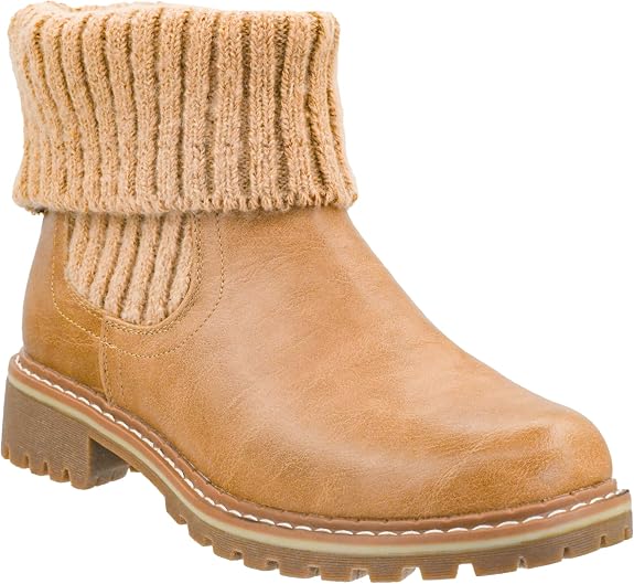 A tan ankle boot with a textured faux-leather upper, a ribbed knit cuff, and a chunky lug sole, shown against a plain white background.
