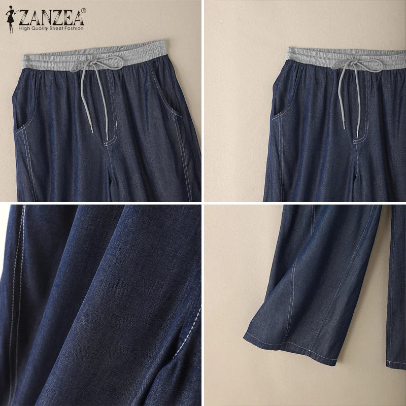 ZANZEA Women Denim Wide Leg Pants 2026 Casual Pockets Elastic Waist Long Pants Fashion Pleated Lace-up Trousers Loose Bottoms
