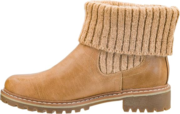 A tan leather ankle boot with a thick, ribbed beige knit cuff, shown from a side profile on a white background.