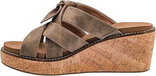 Brown wedge sandal with cork sole on a white background