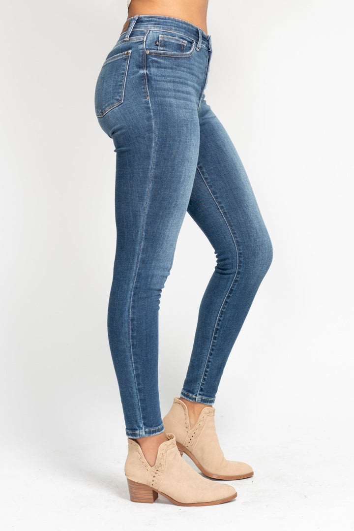 JB82319 — High Waist Button Fly Skinny, side view. Judy Blue High Waist Button Fly Skinny Jeans (NP) | Nikki &amp; Co. Boutique
