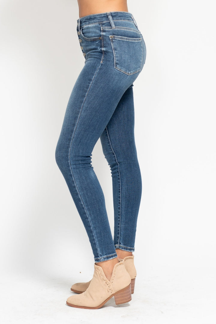 JB82319 — High Waist Button Fly Skinny, side view. Judy Blue High Waist Button Fly Skinny Jeans (NP) | Nikki &amp; Co. Boutique