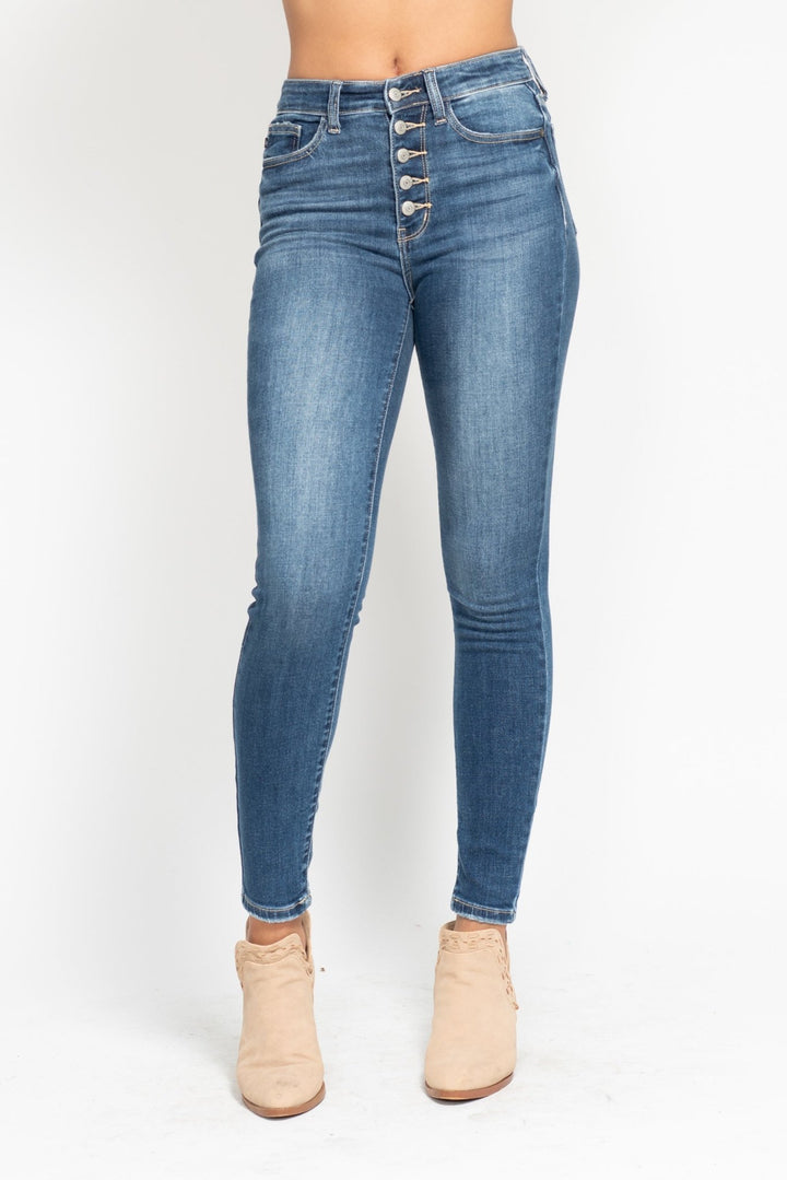 JB82319 — High Waist Button Fly Skinny, front view. Judy Blue High Waist Button Fly Skinny Jeans (NP) | Nikki &amp; Co. Boutique