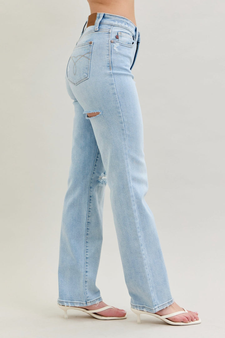 Judy Blue High Waist Destroy &amp; Ripped Straight JB 82600, side view. Judy Blue High Waist Destroy &amp; Ripped Straight Jeans (NP) | Nikki &amp; Co. Boutique