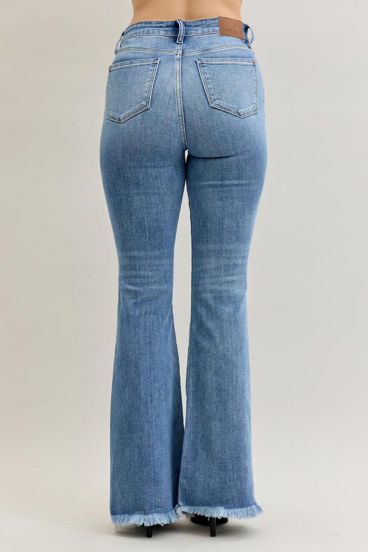 Judy Blue JB82687 high waisted fray hem flare jeans, rear view. Judy Blue Jeans (NP) - High Waisted Fray Hem Flare | Nikki &amp; Co. Boutique