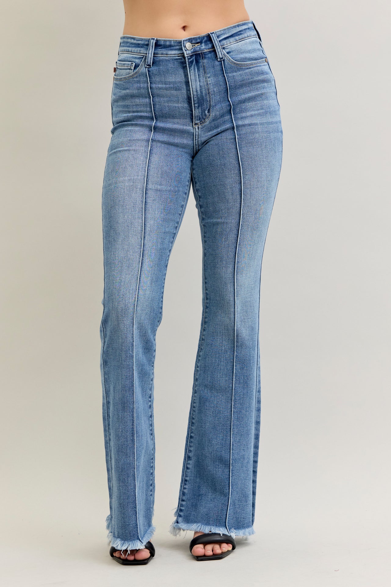Judy Blue JB82687 high waisted fray hem flare jeans, front view. Judy Blue Jeans (NP) - High Waisted Fray Hem Flare | Nikki & Co. Boutique