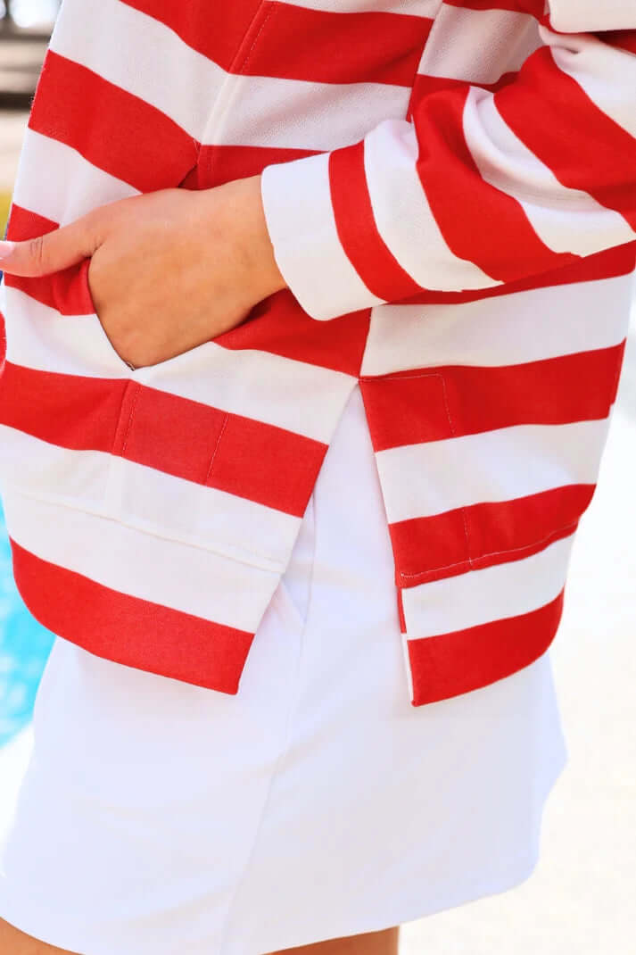 Woman wearing Americana design pullover.
