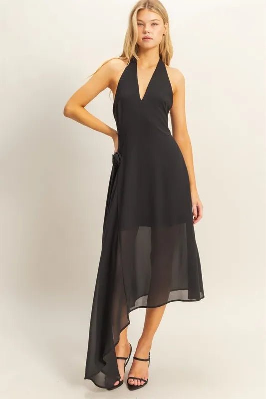 HYFVE Chiffon Halter Asymmetrical Hem Dress in Black - Nikki &amp; Co. Boutique