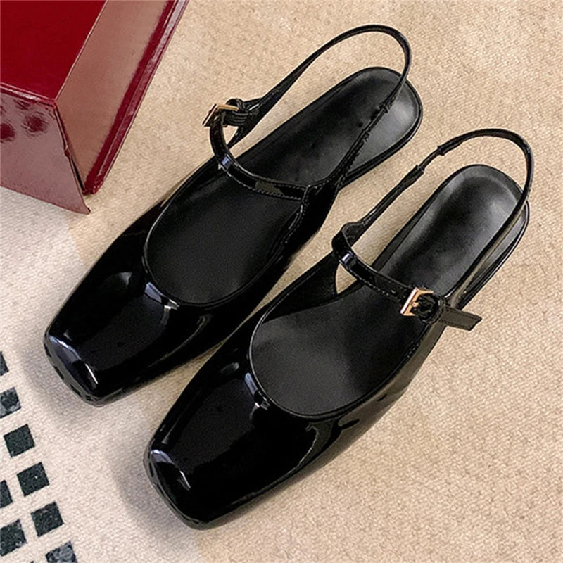 Aneikeh Retro Square Head Strap Mary Jane Sandals Women Comfortable Casual Red Lacquer Leather Ballet Shoes Pumps Zapatos Mujer