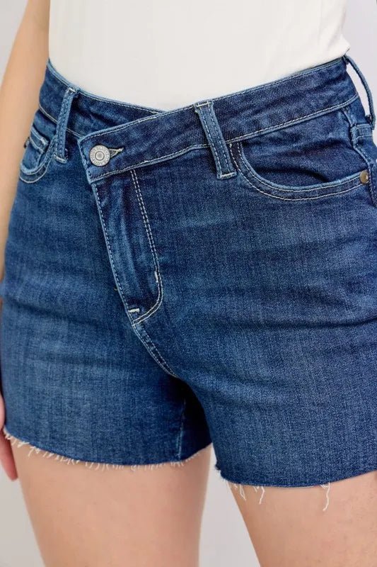 Judy Blue Full Size High Waist Criss - Cross Waistband Denim Shorts in Dark Wash - Nikki &amp; Co. Boutique