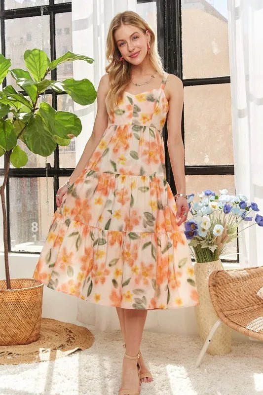 ADORA Smocked Back Floral Adjustable Strap Midi Dress in Tangerine - Nikki &amp; Co. Boutique
