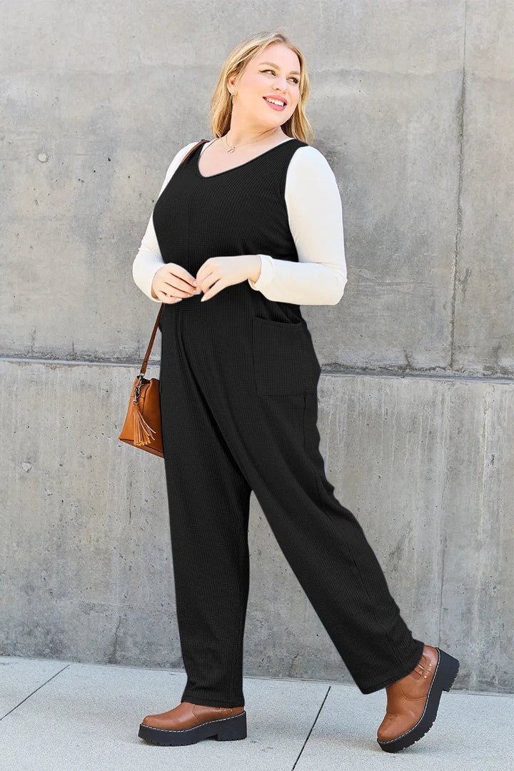 Waffle-Knit Sleeveless V-Neck Jumpsuit with Pockets - Nikki &amp; Co. Boutique