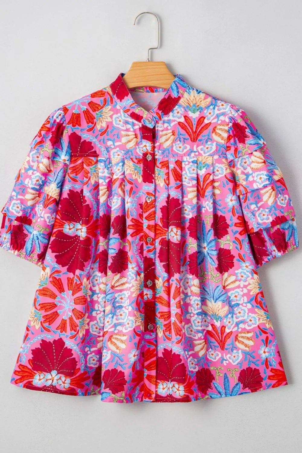 Floral Puff Sleeve Button - Up Top - Nikki and Co Boutique