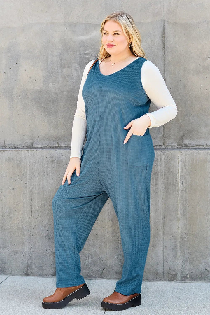 Waffle-Knit Sleeveless V-Neck Jumpsuit with Pockets - Nikki &amp; Co. Boutique