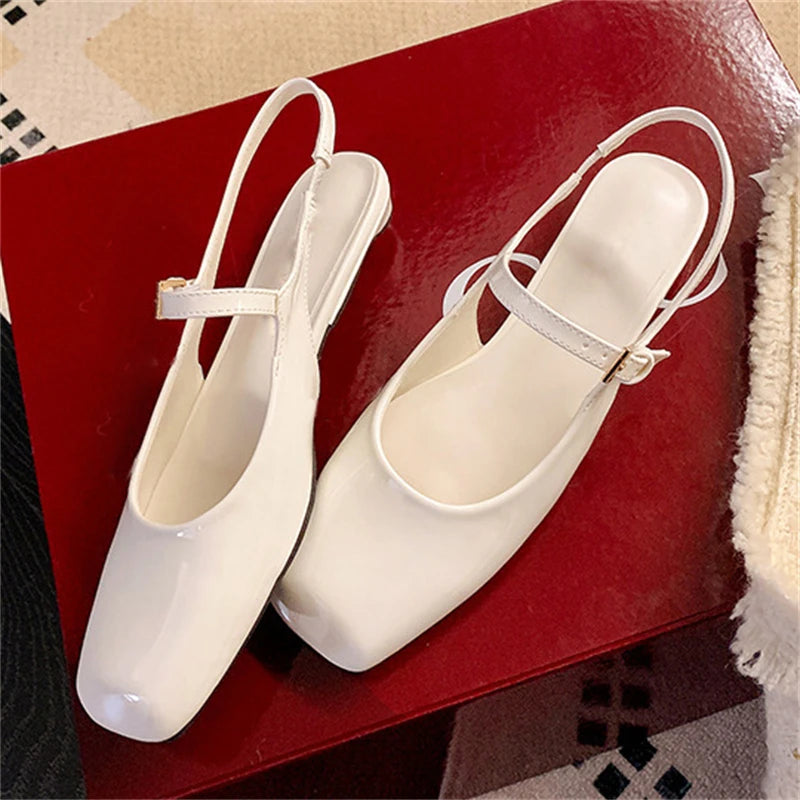 Aneikeh Retro Square Head Strap Mary Jane Sandals Women Comfortable Casual Red Lacquer Leather Ballet Shoes Pumps Zapatos Mujer