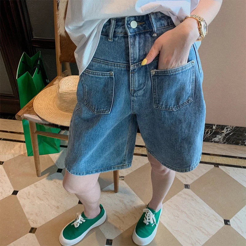 Plus Size Denim Wide Leg Short Pants Women Summer New Design Loose Slim Straight Five-Quarter Trendy Blue Jeans Casual Shorts
