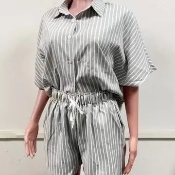 Oversized Boxy Shorts Sleeve and Shorts Sets (NP) - Gray Striped | Nikki &amp; Co. Boutique