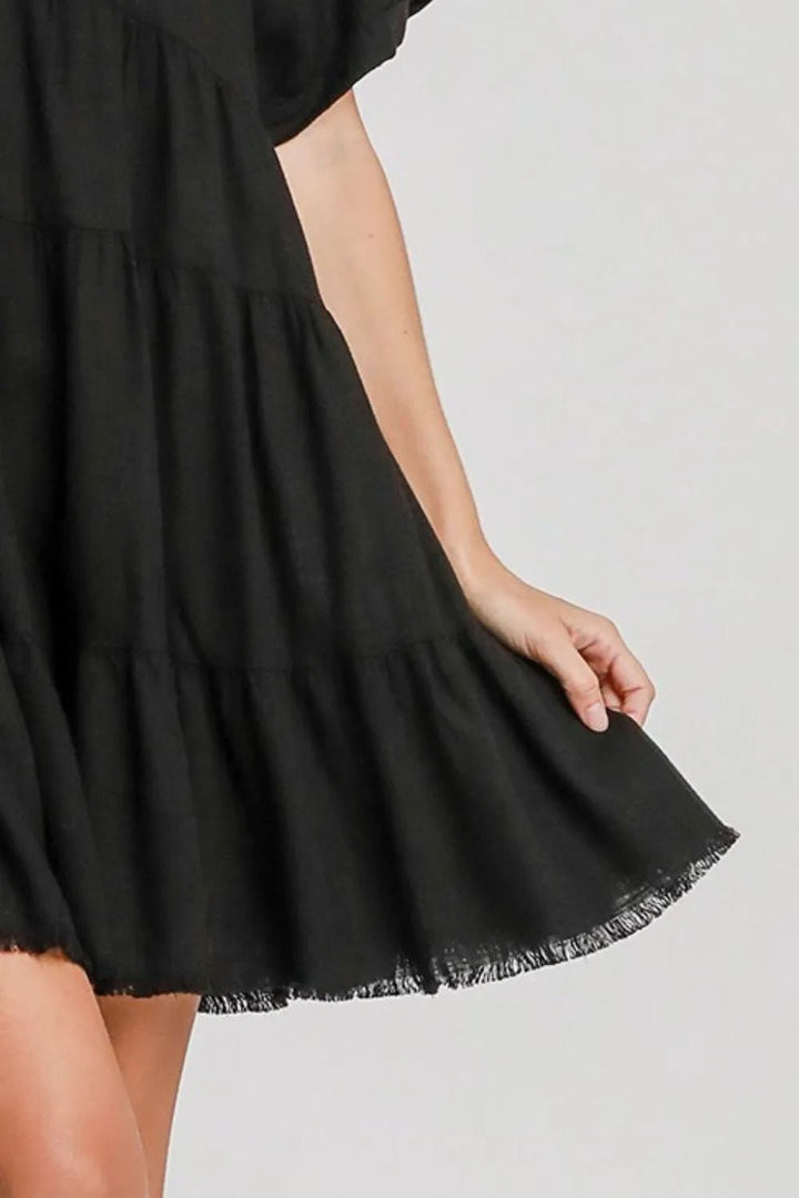 Umgee Full Size Raw Hem Folded Sleeve Tiered Dress Plus Size - Nikki &amp; Co. Boutique