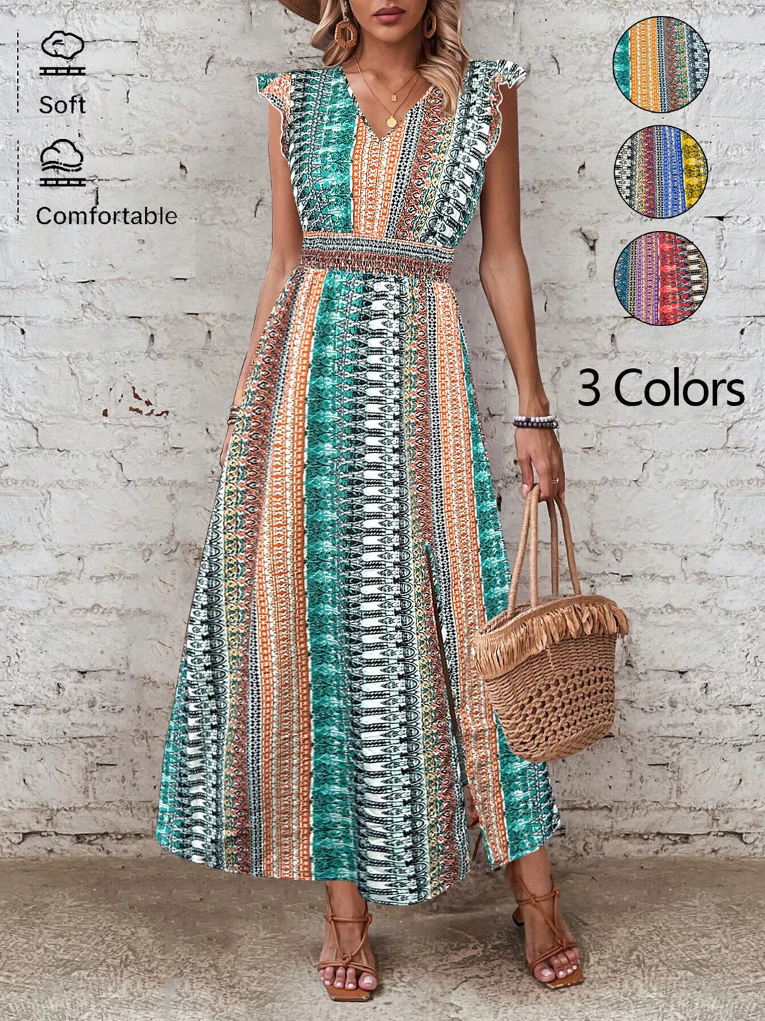 Boho Print Ruffle Sleeve Slit Dress - Nikki &amp; Co. Boutique