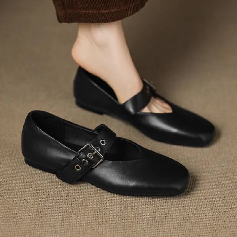 Leopard Pattern Shoes for Ladies Square Toes Flat Heels Front Strap Female Ballets Sewing Lines Womens Shallow Chassure Femme