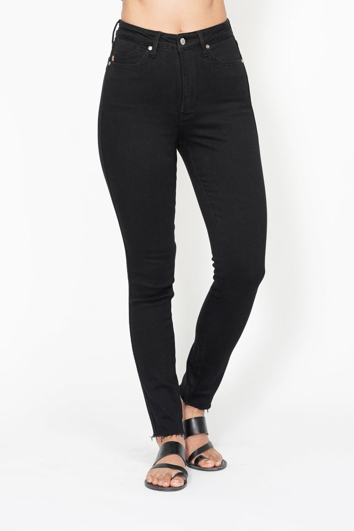 Judy Blue JB88865 high waisted tummy control black skinny jeans, front view. Judy Blue Jeans (NP) - Black, High Waisted Tummy Control Classic Skinny | Nikki &amp; Co. Boutique