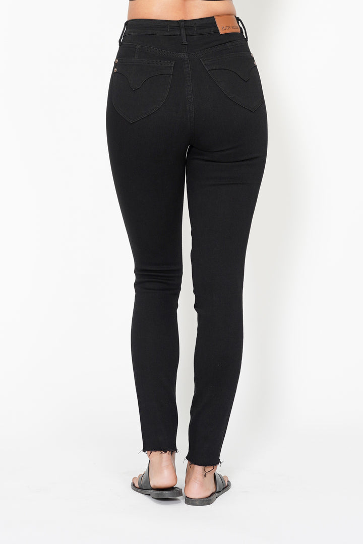 Judy Blue JB88865 high waisted tummy control black skinny jeans, rear view. Judy Blue Jeans (NP) - Black, High Waisted Tummy Control Classic Skinny | Nikki &amp; Co. Boutique