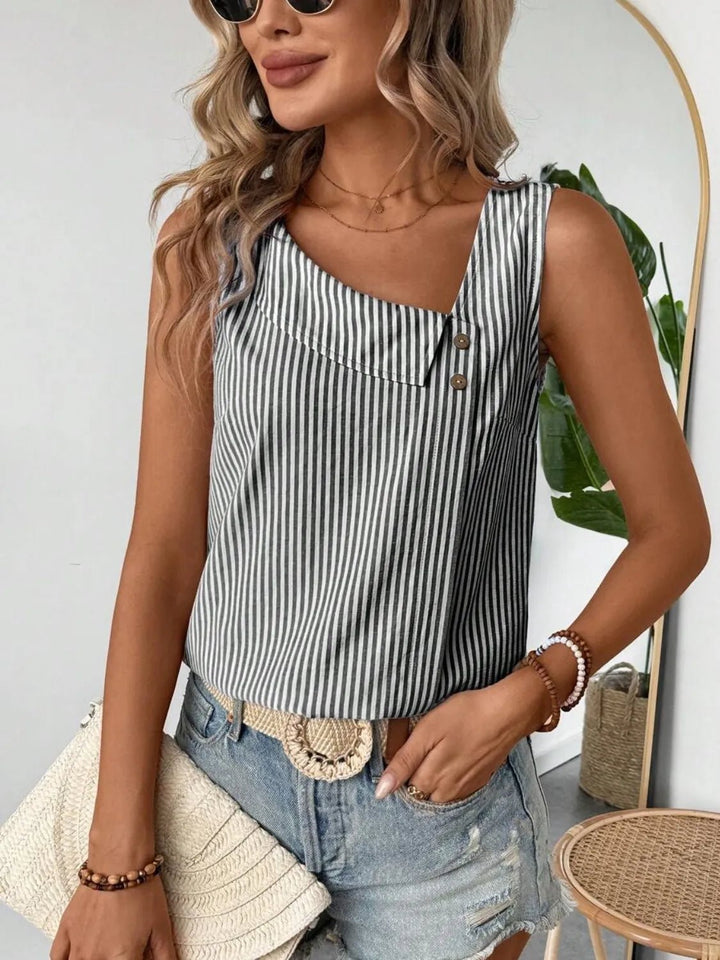 Decorative Button Asymmetrical Striped Tank - Nikki &amp; Co. Boutique