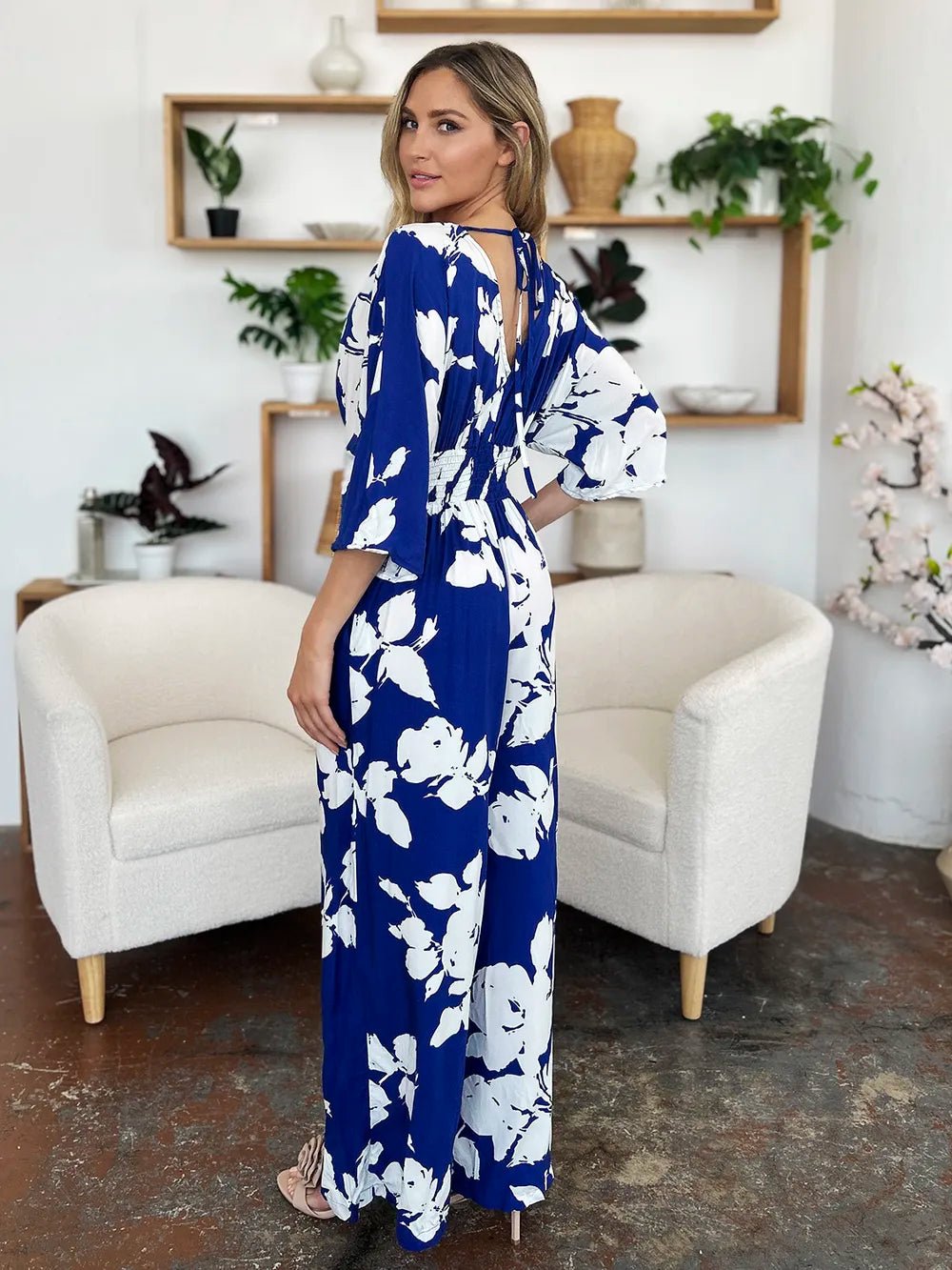 Double Take Full Size Printed Tie Back Wide Leg Jumpsuit | Nikki &amp; Co. Boutique
