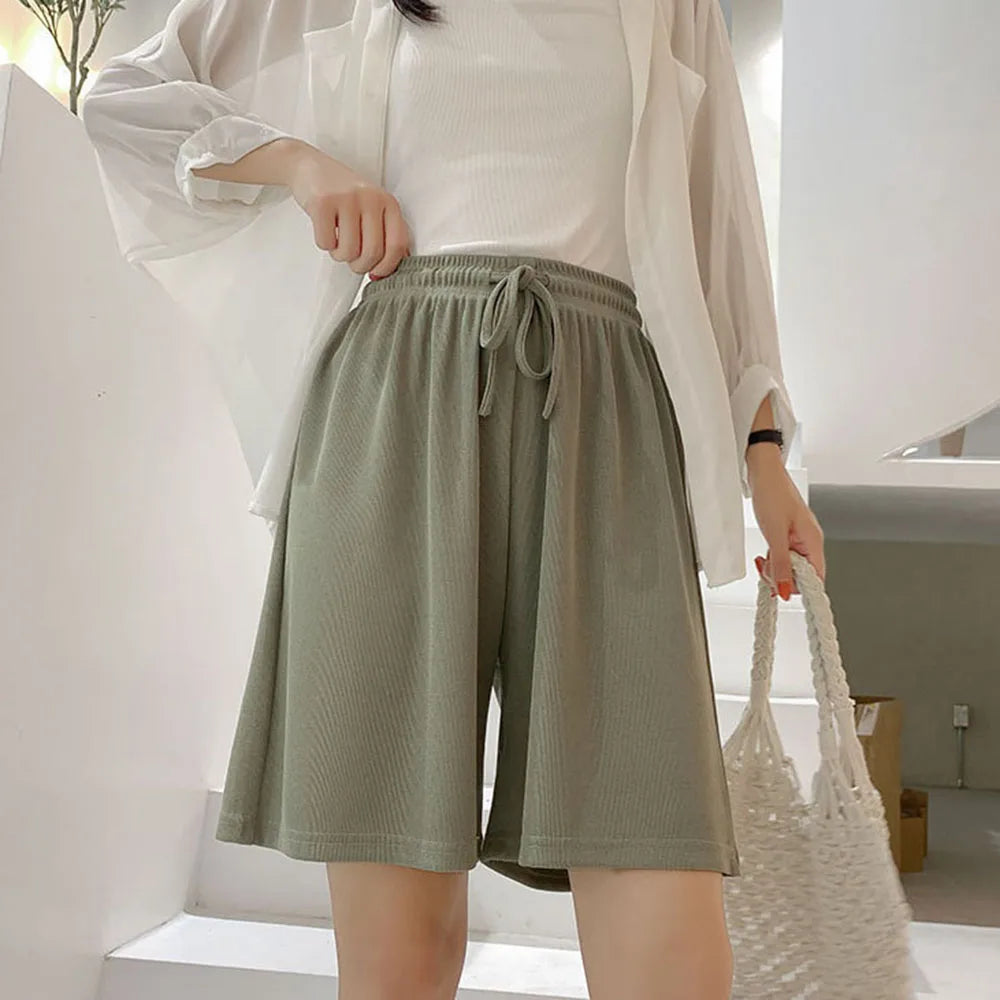 Summer Ice Silk Loose Women'S Shorts Elastic High Waist Casual Wide Leg Shorts Harajuku Casual Sports Straight Short Pants
