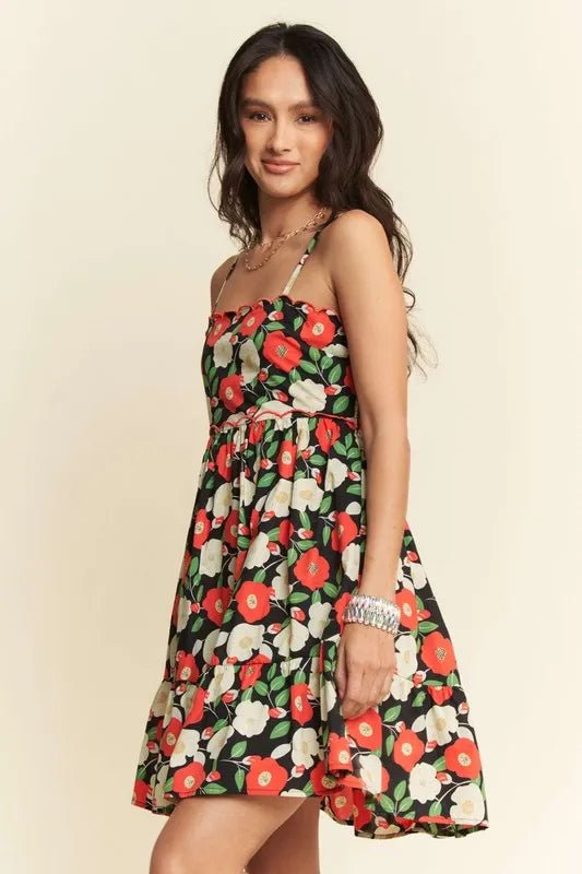 Davi &amp; Dani Floral Scalloped Cutout Back Mini Dress in Black - Nikki &amp; Co. Boutique