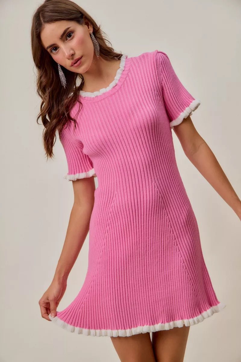 SO ME Contrast Ruffled Sweater Knit Mini Dress in Pink &amp; White - Nikki &amp; Co. Boutique