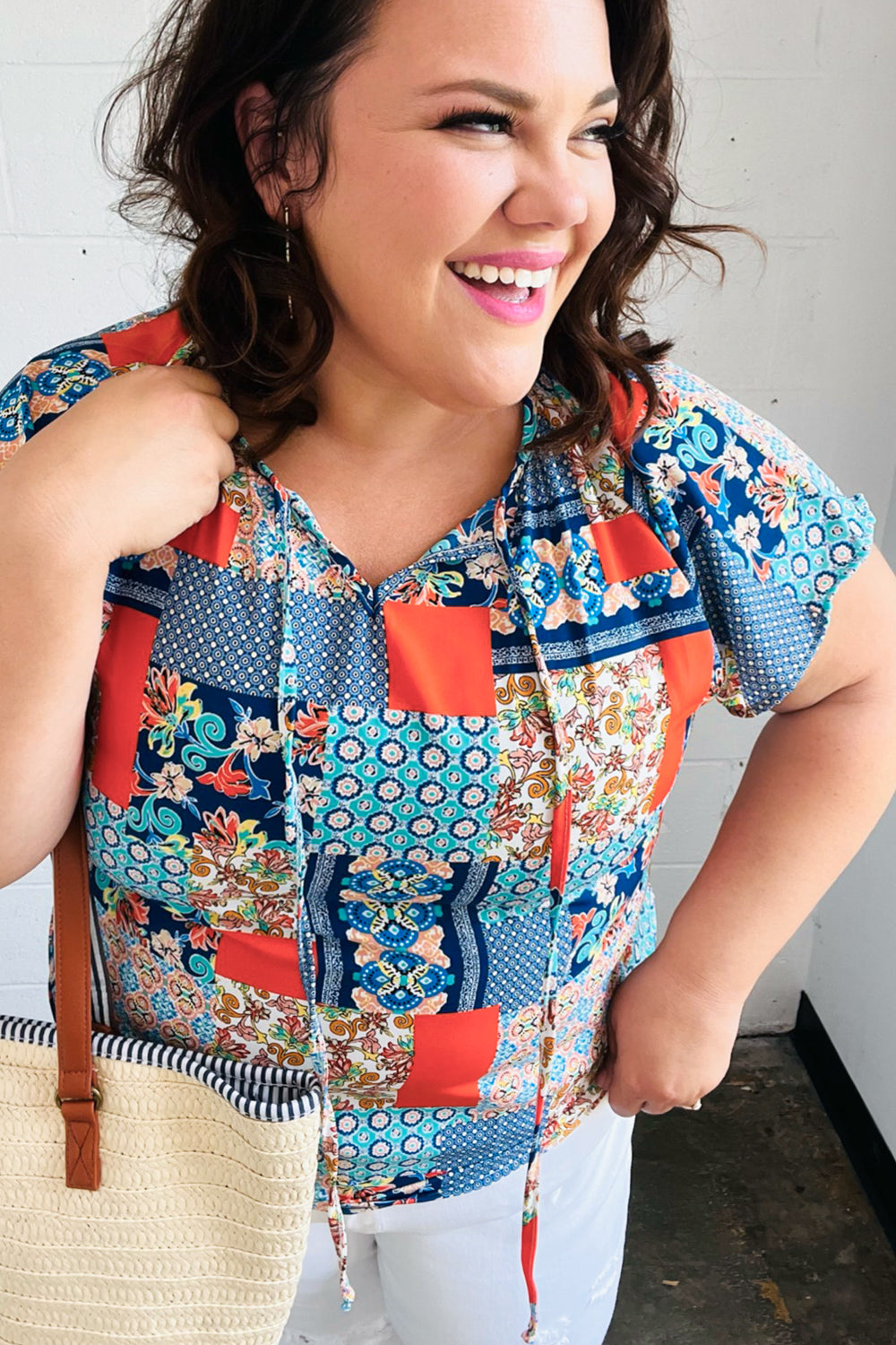 Blue &amp; Orange Boho Patchwork Raglan Tops | Nikki &amp; Co. Boutique