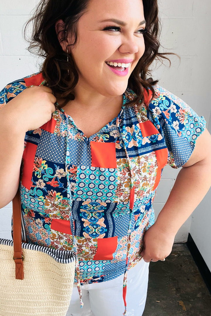 Blue &amp; Orange Boho Patchwork Raglan Tops | Nikki &amp; Co. Boutique