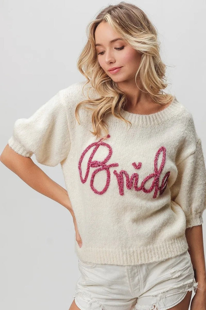 BiBi Metallic Letter Shorts Puff Sleeve Hairy Sweater | Nikki &amp; Co. Boutique