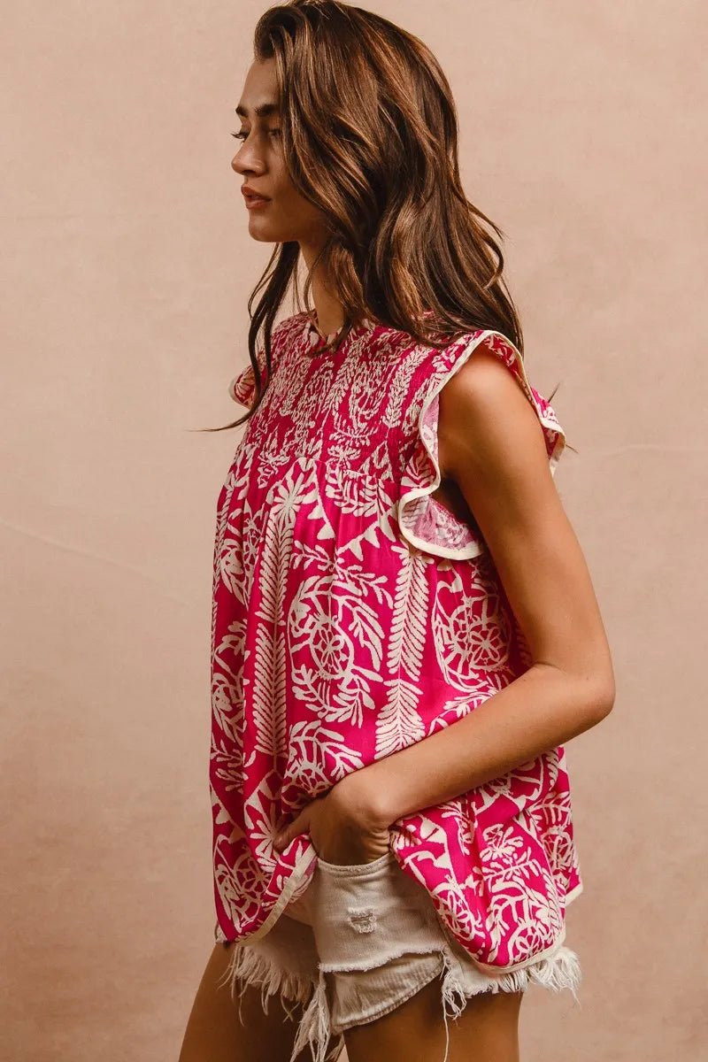 BiBi Printed Ruffle Sleeve Top - Nikki and Co Boutique
