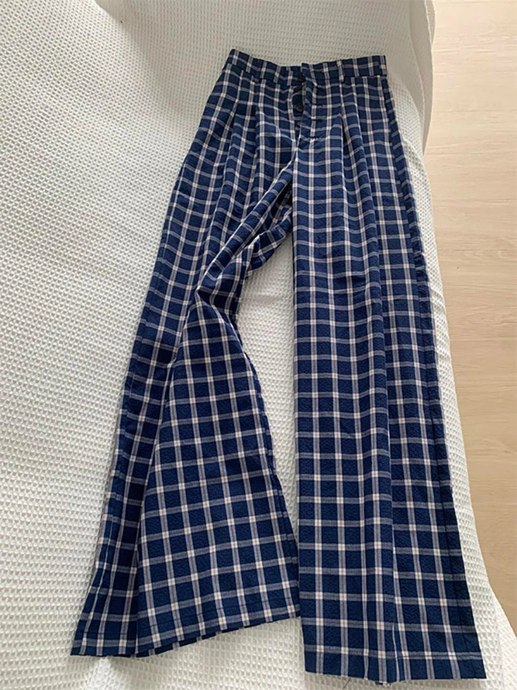 Retro Plaid Casual Pants For Women Chic High Waisted Loose Straight Leg Trousers New Versatile Breasted Floor Length Pants