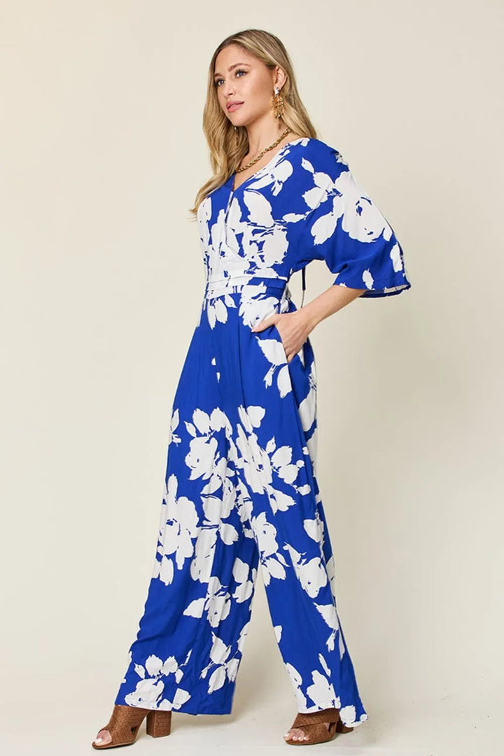Double Take Full Size Printed Tie Back Wide Leg Jumpsuit | Nikki &amp; Co. Boutique