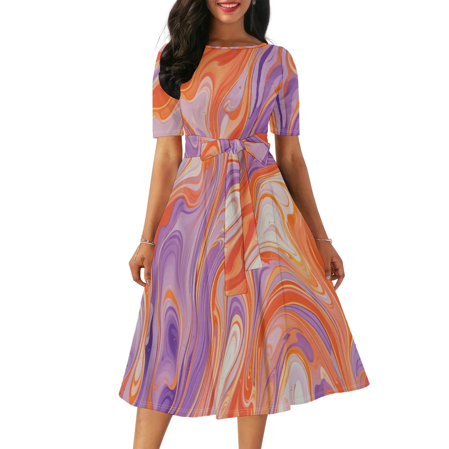 Women's Boatneck Vintage Cocktail Party Dress with Puff Sleeves