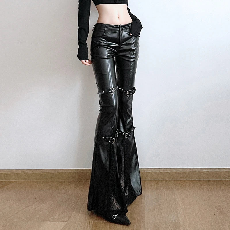 BIIKPIIK Sexy Lace Patchwork Leather Pants Gothic Belts Skinny PU Flare Pants Punk Dark Black Trousers Y2K Retro Autumn Bottoms