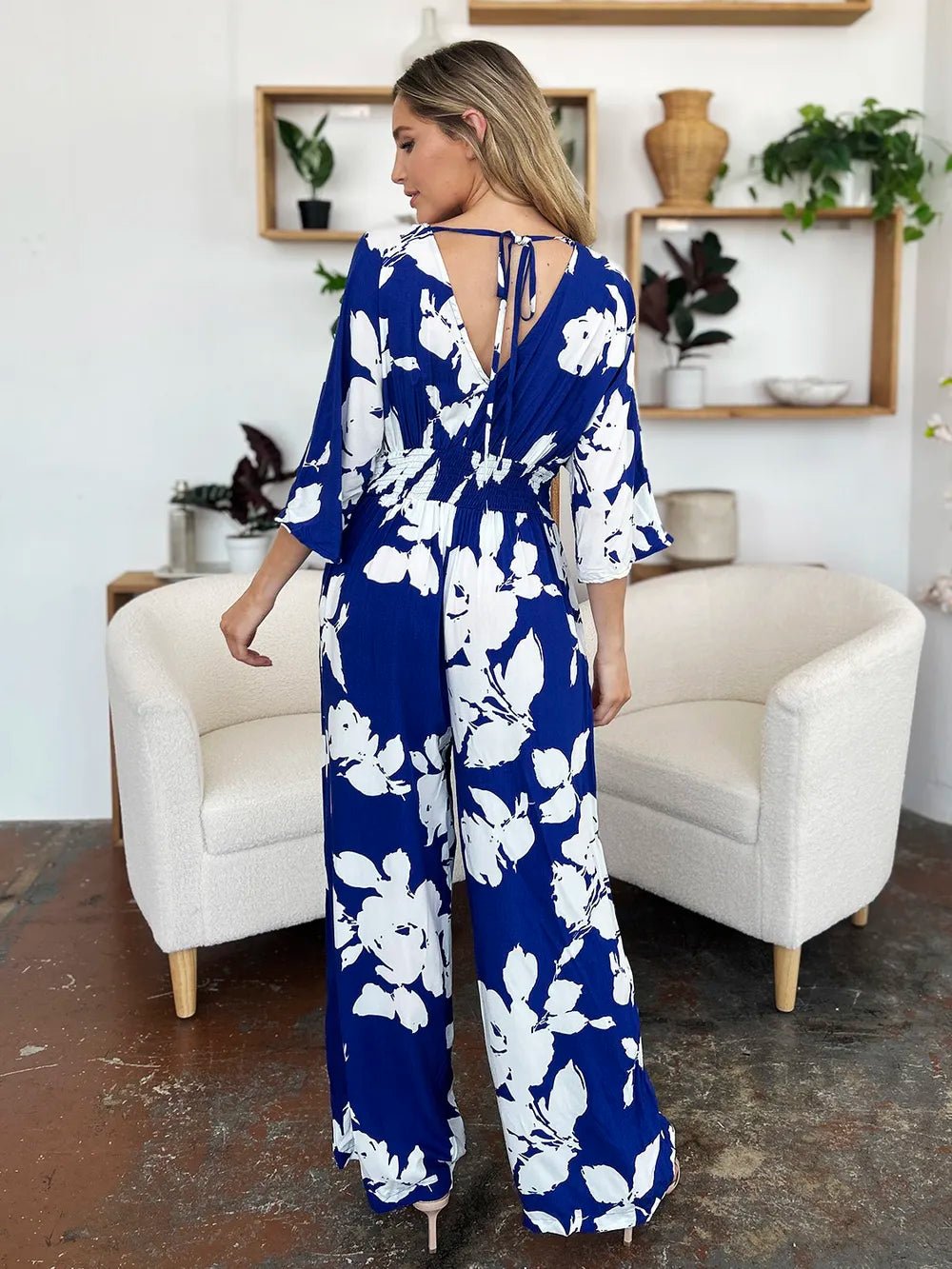 Double Take Full Size Printed Tie Back Wide Leg Jumpsuit | Nikki &amp; Co. Boutique
