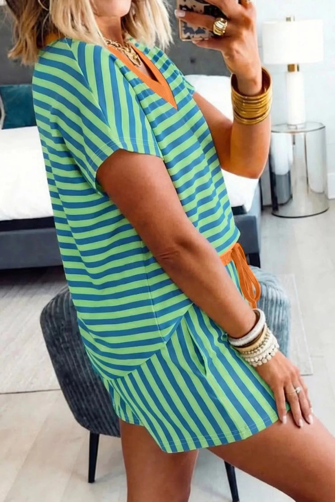 Stripe Colorblock Trim V - Neck Tee &amp; Drawstring Shorts Set in Turquoise - Nikki &amp; Co. Boutique