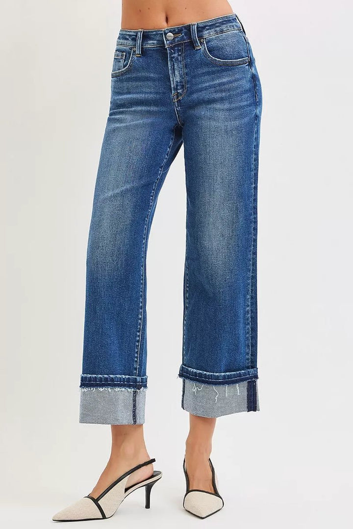 RISEN Mid Rise Ankle Straight Jeans with Cuffed Hem in Dark Wash - Nikki &amp; Co. Boutique