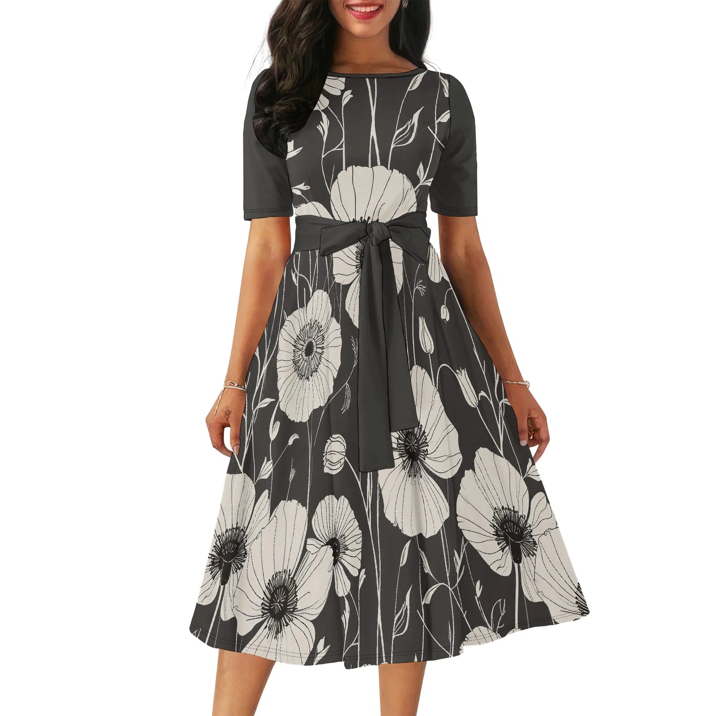 Women's Boatneck Vintage Cocktail Party Dress with Puff Sleeves