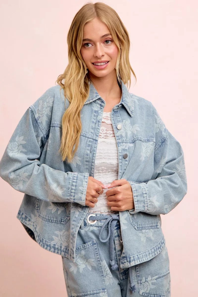 BiBi Printed Washed Denim Jacket With Pocket - Nikki &amp; Co. Boutique