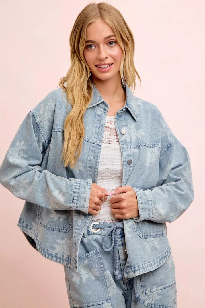 BiBi Printed Washed Denim Jacket With Pocket - Nikki &amp; Co. Boutique