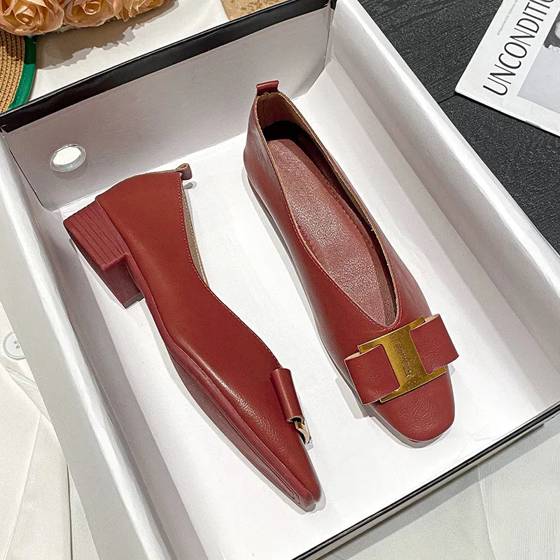 Women's Single Shoes Summer New Low Heel Square Head Metal Decorative Oxford Shoes Fashion Comfortable Soft Soled Leather Shoes