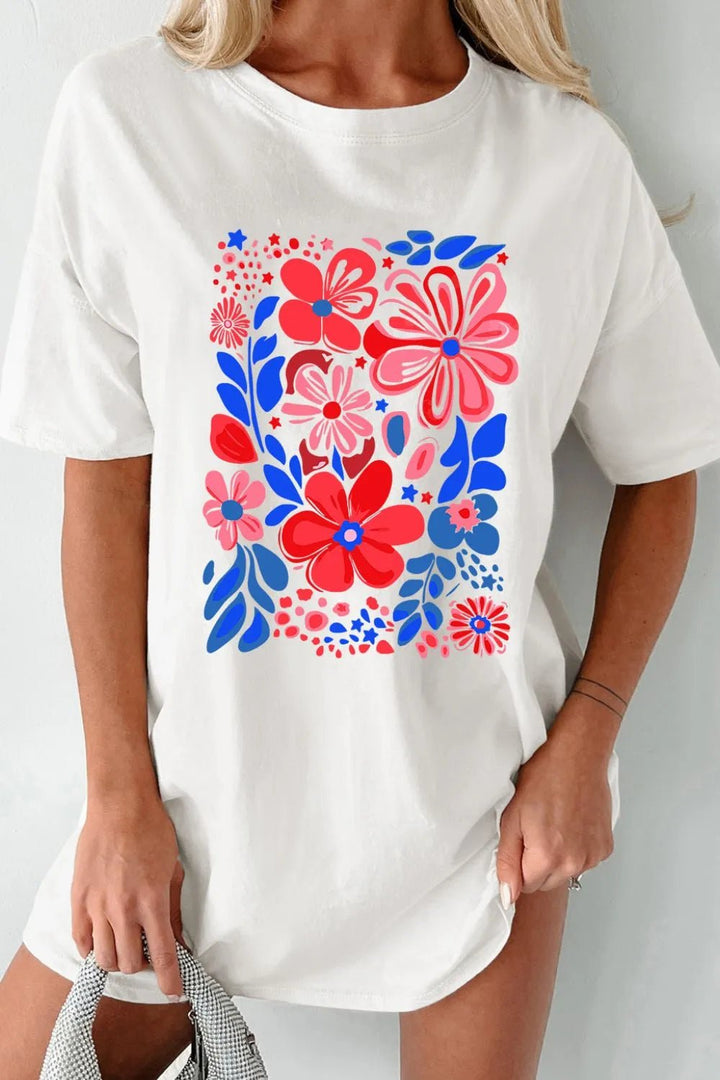 Flower Graphic Round Neck Shorts Sleeve T-Shirt - Nikki &amp; Co. Boutique