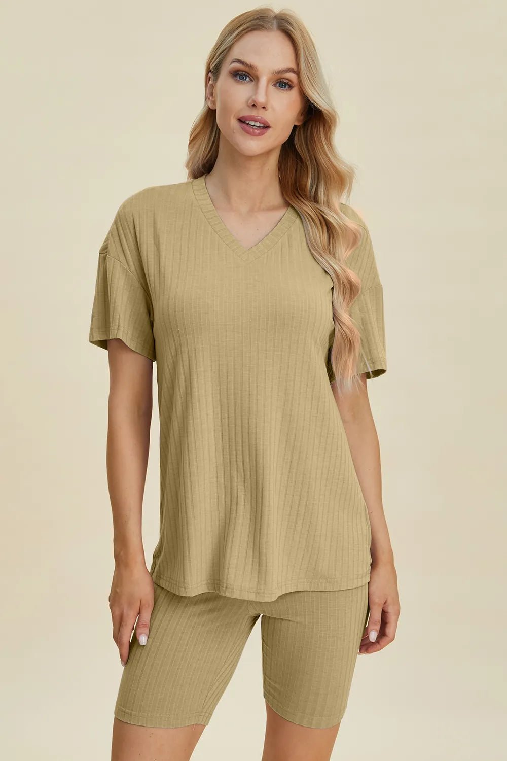 Basic Bae Full Size Ribbed V-Neck Shorts Sleeve Tops and Shorts Sets | Nikki &amp; Co. Boutique