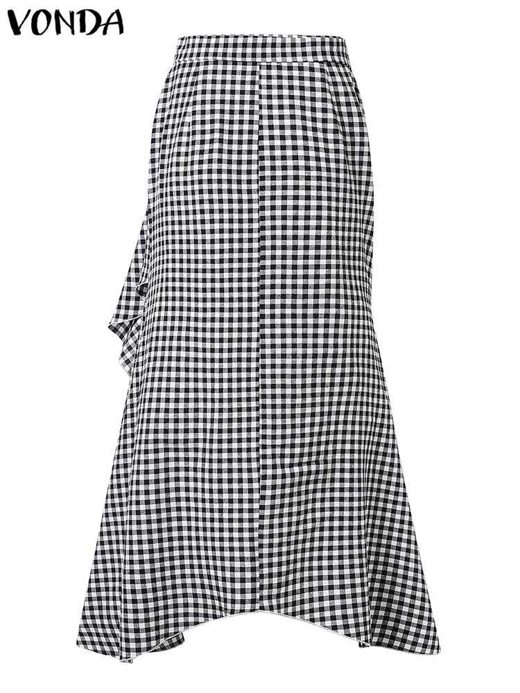 Plus Size 5XL VONDA Women Skirts Casual Waistband Split Asymmetric Skirts Elegant Plaid Overskirts Ruffled Office Bottom